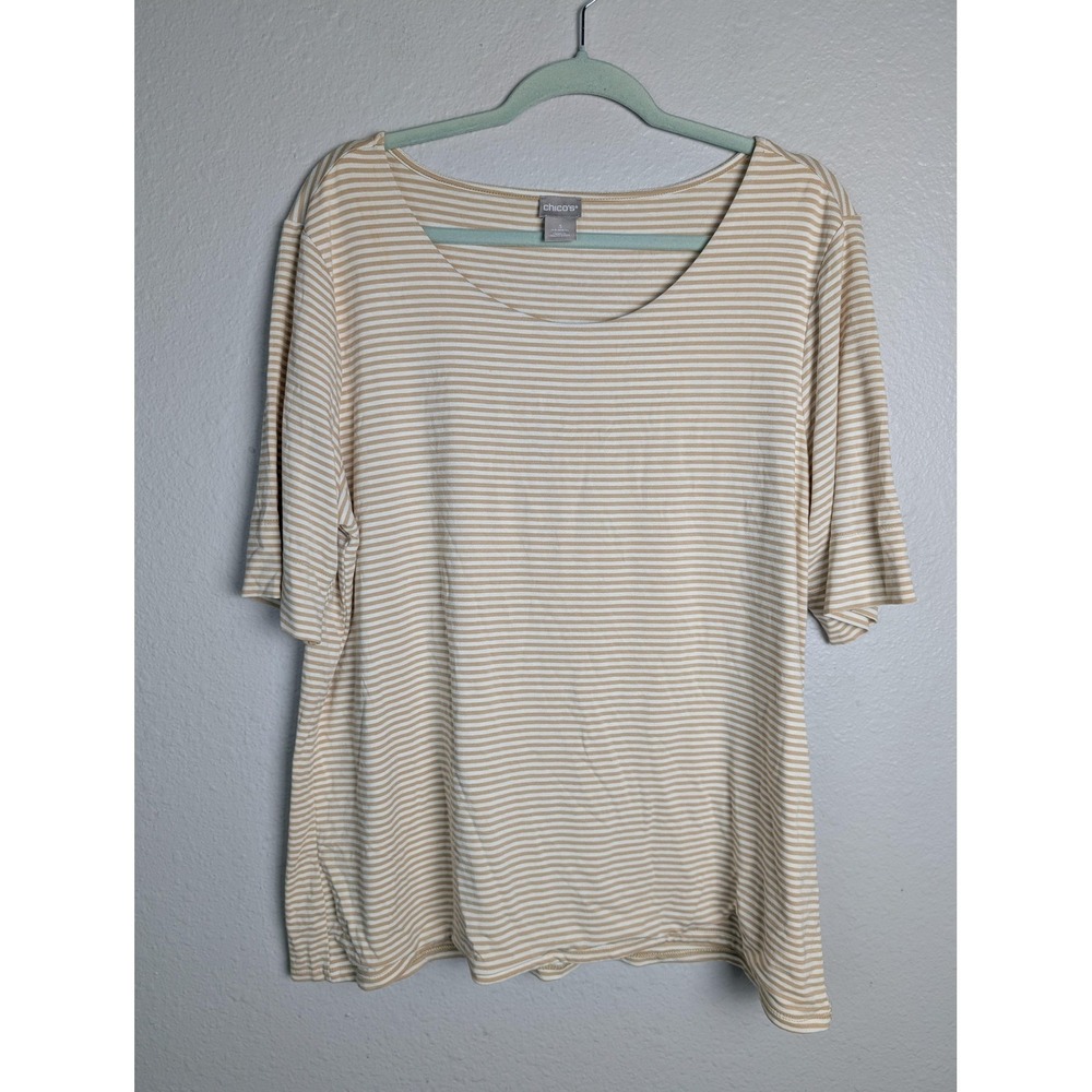 Chico's T-Shirt Womens XL Beige Striped Scoop Neck Rayon Spandex Basic